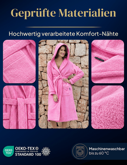 Damen Bademantel mit Kapuze aus kuscheliger Baumwolle rosa - extra weich und bequem - OEKO-TEX zertifiziert