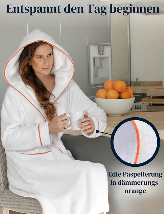Albornoz de mujer ELEVAVIDA® con capucha de algodón suave - blanco puro - extra suave y cómodo - albornoz largo de sauna de rizo - certificado OEKO-TEX