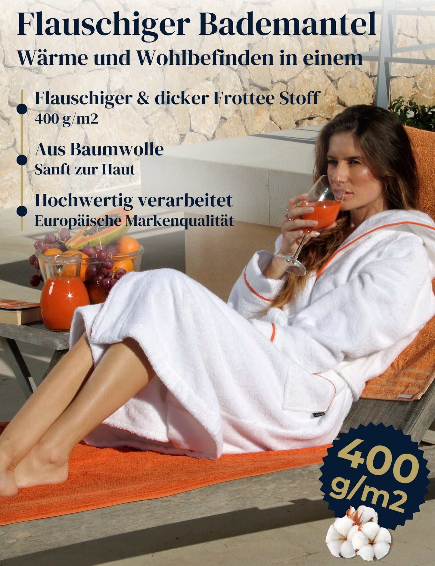 Albornoz de mujer ELEVAVIDA® con capucha de algodón suave - blanco puro - extra suave y cómodo - albornoz largo de sauna de rizo - certificado OEKO-TEX