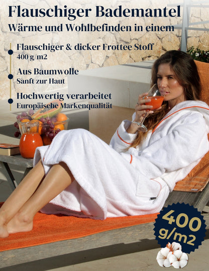 Albornoz de mujer ELEVAVIDA® con capucha de algodón suave - blanco puro - extra suave y cómodo - albornoz largo de sauna de rizo - certificado OEKO-TEX