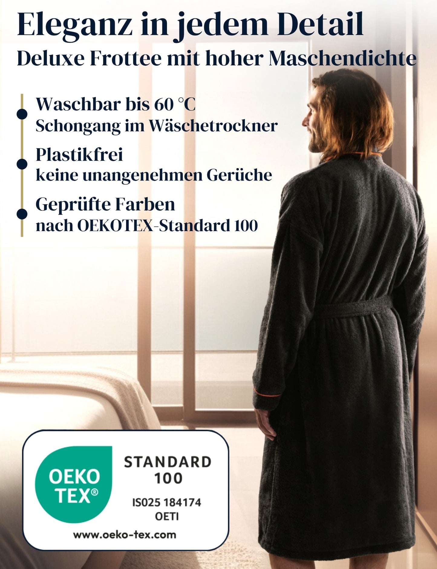 Albornoz de hombre ELEVAVIDA® color antracita de algodón suave (400 g/m²) - extra suave y cómodo - certificado OEKO-TEX