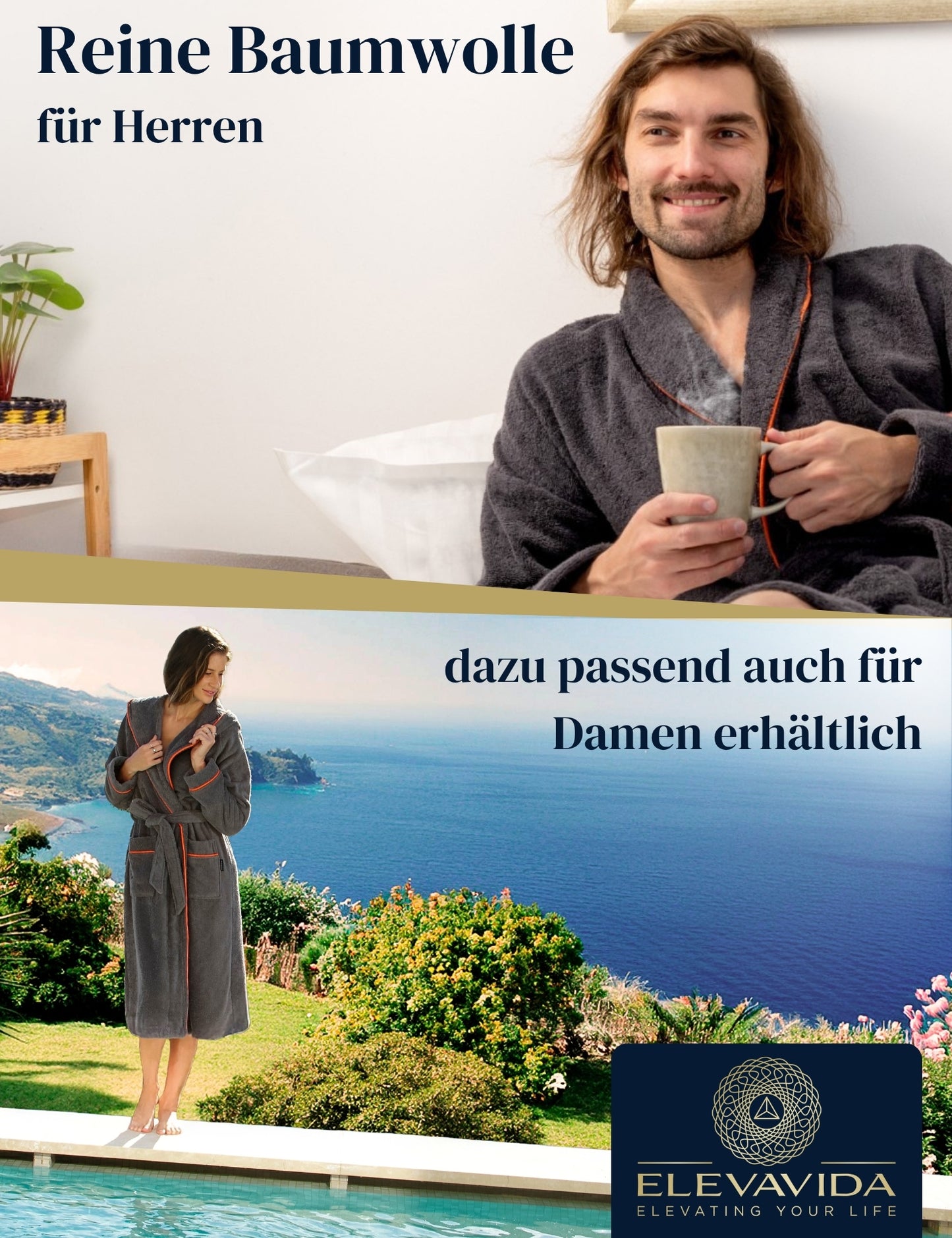 Albornoz de hombre ELEVAVIDA® color antracita de algodón suave (400 g/m²) - extra suave y cómodo - certificado OEKO-TEX