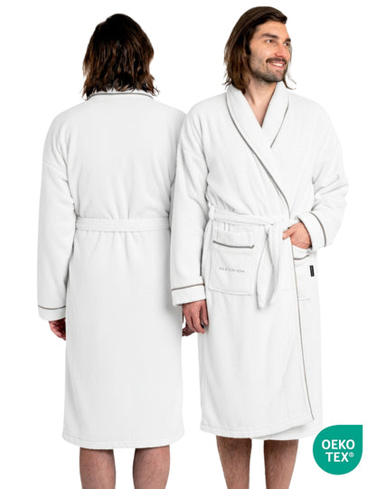 Albornoz de hombre ELEVAVIDA® en blanco puro de algodón suave (430 g/m²) - extra suave y cómodo - certificado OEKO-TEX