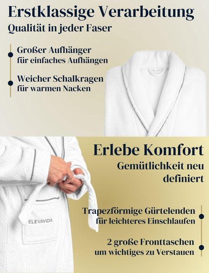 Albornoz de hombre ELEVAVIDA® en blanco puro de algodón suave (430 g/m²) - extra suave y cómodo - certificado OEKO-TEX