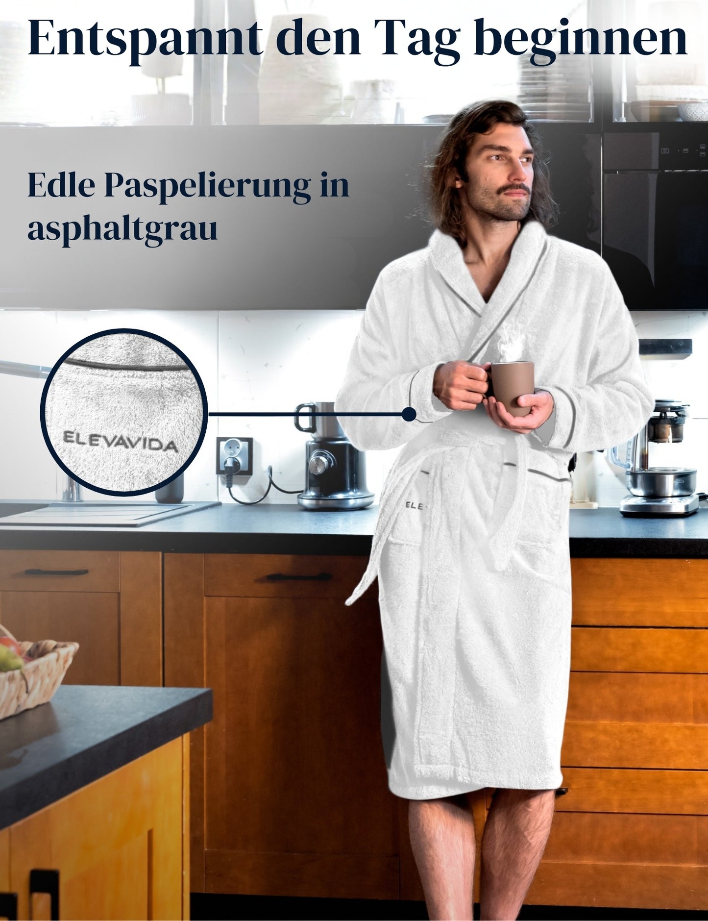 Albornoz de hombre ELEVAVIDA® en blanco puro de algodón suave (430 g/m²) - extra suave y cómodo - certificado OEKO-TEX