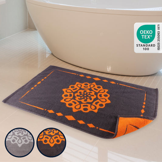 Alfombra de baño de diseño ELEVAVIDA® 100% algodón 1000 g/m2 - antracita/gris con mandala en naranja - lavable a máquina, secado rápido - Armonía para tu baño 