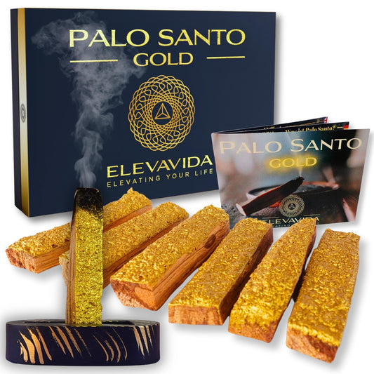 Palo Santo Dorado – Juego de 6 varillas extragrandes con corteza dorada, soporte artesanal y folleto en una elegante caja de regalo – regalo aromático espiritual ideal