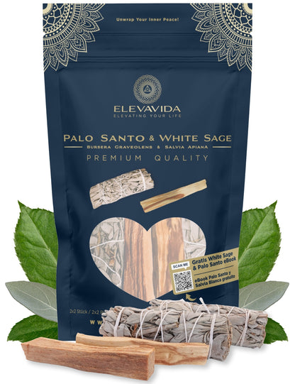 Set 2x Weißer Salbei (Salvia Apiana) aus Kalifornien & 2x Palo Santo aus Peru zum Räuchern, Räucherbündel White Sage & Palo Santo Smudge Sticks