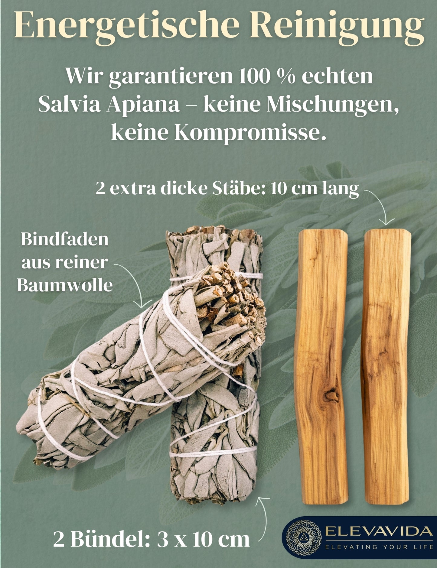 Set 2x Weißer Salbei (Salvia Apiana) aus Kalifornien & 2x Palo Santo aus Peru zum Räuchern, Räucherbündel White Sage & Palo Santo Smudge Sticks